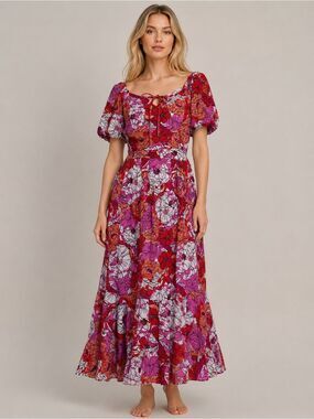 Japna Red & Pink Retro Floral Maxi Dress Puff Sleeves Flowy Boho 100% Rayon
